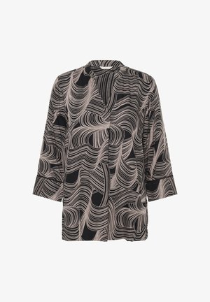 Mustard ja beež mustriga pluus laia lõikega, pikkade varrukatega ja ümmarguse kaelusega, millel on lainelaadsed disainid ja pehme tekstuur.