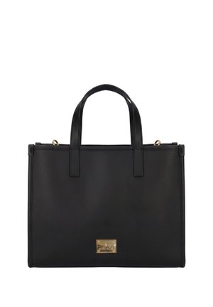 Sac fourre-tout rectangulaire noir avec deux anses et une petite plaque dorée de la marque centrée près du bas à l'avant.
