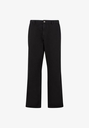 Pantalon en coton noir à coupe droite, avec une fermeture à bouton à l'avant et deux poches latérales. Texture lisse et sans motif visible.