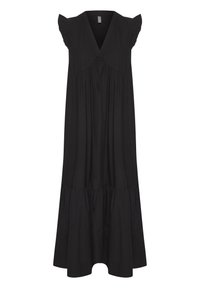 Black dress made of lightweight fabric, featuring a V-neck, ruffled cap sleeves, and a gathered tiered hemline for a loose fit.