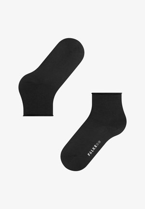 Black ankle socks made of a smooth, stretchy material. Features a ribbed cuff and marked size, with a seamless toe design.