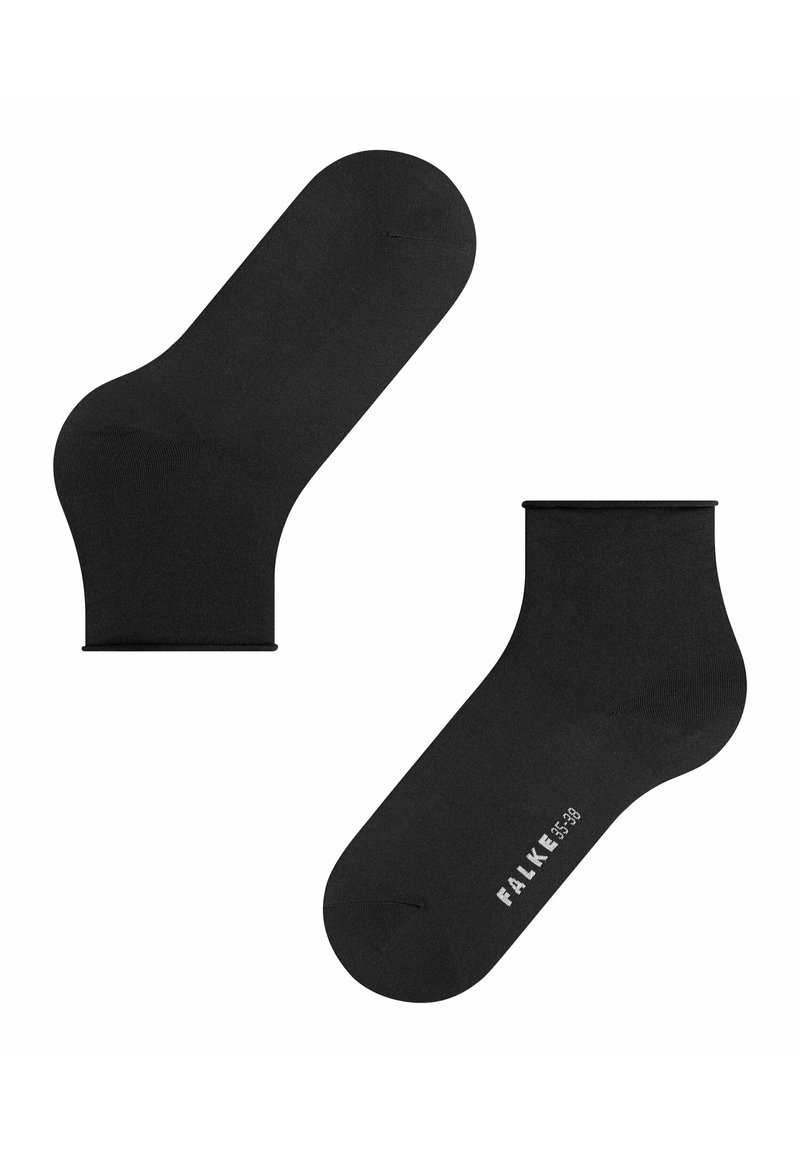 Calcetines negros hasta el tobillo hechos de un material suave y elástico. Cuentan con un puño acanalado y tamaño marcado, con un diseño de puntera sin costuras.