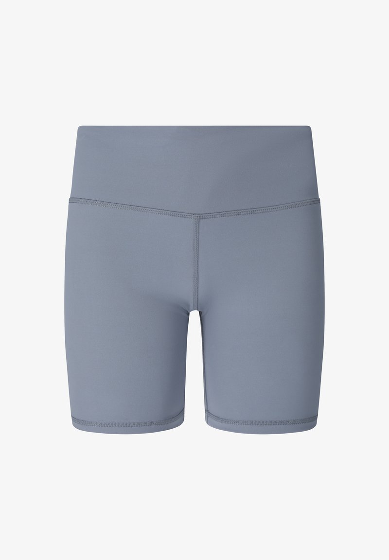 Shorts de sport ajustés gris taille haute avec coutures plates et longueur mi-cuisse, présentés sur fond blanc.