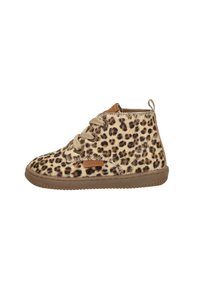 Leren enkellaarsjes met luipaardprint in zachte nepbont, voorzien van beige veters, een bruin leren accent en een rubberen zool met een gestructureerd profiel.