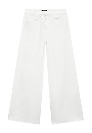 White wide-leg pants made of denim, featuring a lace-up front, two front pockets, and a flat waistband. Smooth texture and casual design.