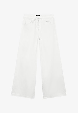 White wide-leg pants made of denim, featuring a lace-up front, two front pockets, and a flat waistband. Smooth texture and casual design.
