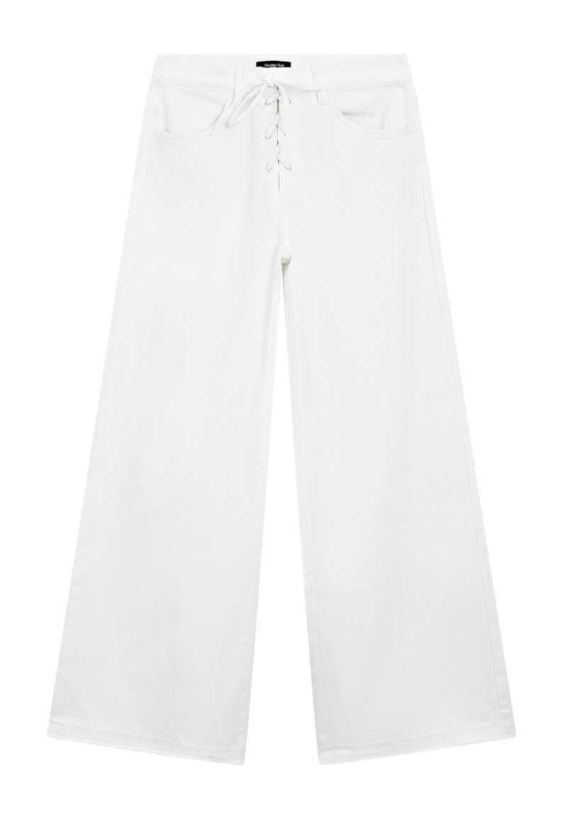 White wide-leg pants made of denim, featuring a lace-up front, two front pockets, and a flat waistband. Smooth texture and casual design.