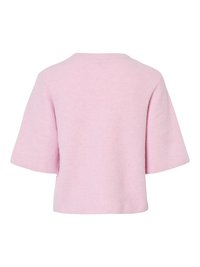 Camisola rosa claro com textura canelada, mangas curtas e largas e decote redondo. Parte de trás com costura sem emendas e corte descontraído.