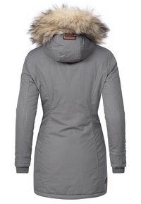 Grijze geïsoleerde parka met een afneembare voering van fauxbont aan de capuchon, geribbelde manchetten en een licht getailleerd ontwerp. Heeft een logo op de achterkant.