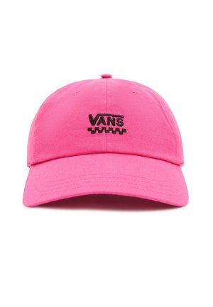 Lyserød baseballkasket med sort Vans-logo og ternet mønster broderet foran, struktureret krone og buet skygge.