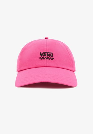 Casquette de baseball rose avec logo Vans noir et motif à damier brodés à l'avant, couronne structurée et visière incurvée.