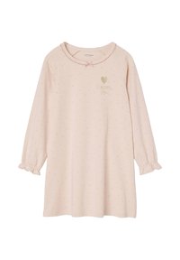 Helles rosa Nachthemd mit Punkten, langen Ärmeln, gerafften Manschetten und einem gewellten Ausschnitt; mit einem goldenen Herz und Textdetails.
