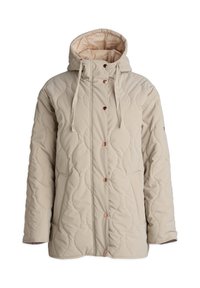 Beige gewatteerde jas met een capuchon, voorzien van een ritssluiting, drukknoopsluitingen en zijzakken. Gladde textuur met subtiele golfpatronen.