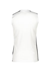 Camiseta deportiva sin mangas en blanco con acentos laterales negros. Cuenta con una tela suave y transpirable, y un escote redondeado con la parte trasera sólida.
