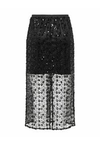 Melna midi svārki ar caurspīdīgu tīklojumu un ziedu aplikācijām no spīdīgām krellēm, elastīgu jostasvietu un priekšējo šķēlumu papildus detaļām. Elegants un teksturēts dizains.
