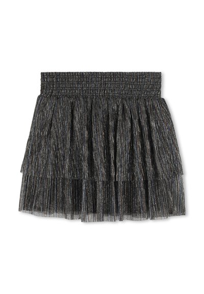 Czarna plisowana spódnica z marszczonym pasem, zdobiona metalicznymi nitkami tworzącymi błyszczącą teksturę oraz warstwami falban dla zwiększenia objętości.