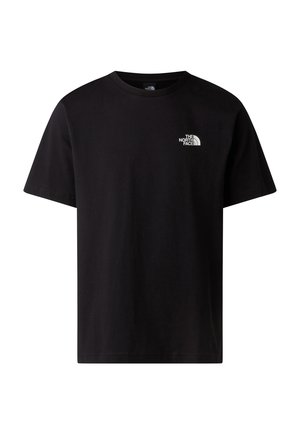 Schwarzes T-Shirt mit kurzen Ärmeln und Rundhalsausschnitt, mit kleinem weißen The North Face Logo auf der linken Brust.
