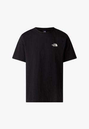 Black short-sleeve crew neck T-shirt with small white The North Face logo on the left chest.