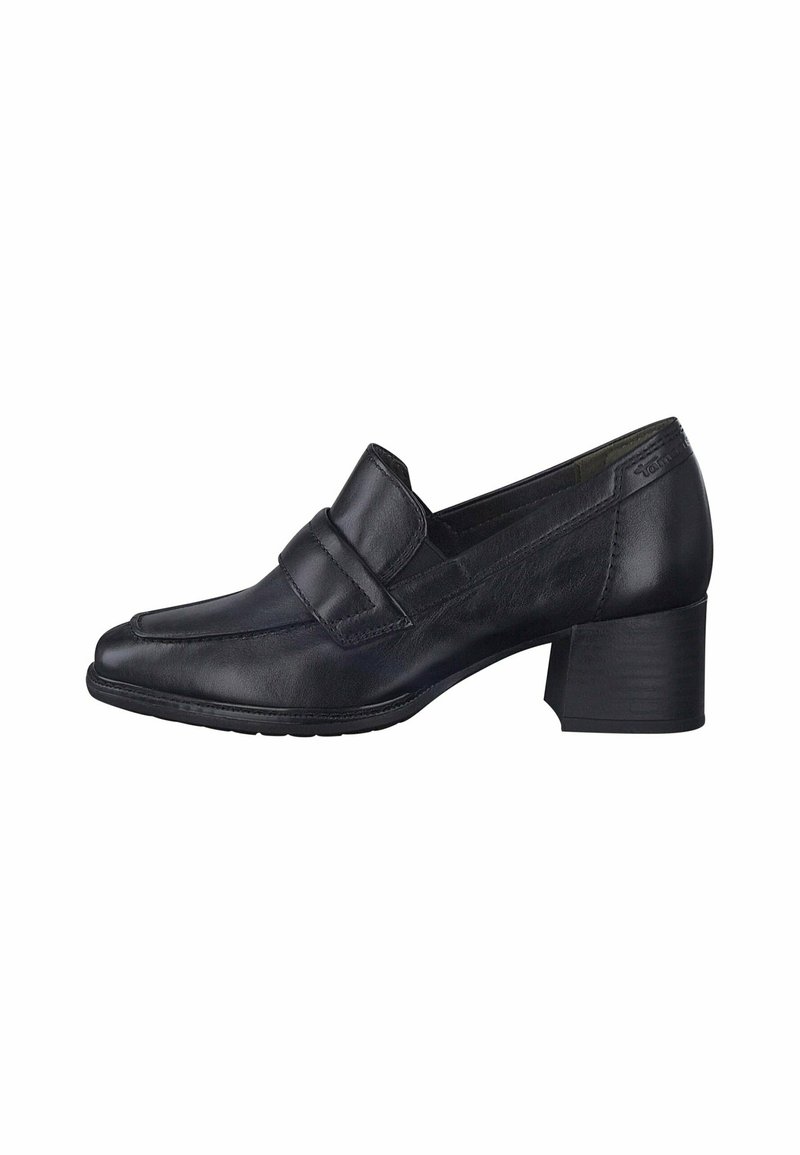 Babouches à talon en cuir noir avec un bout arrondi, présentant un panneau frontal et des détails de couture subtils. Talon carré de hauteur intermédiaire.