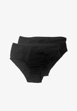 Biancheria intima in cotone nero, con una texture liscia, design a vita alta e fascia elastica in vita. Due paia mostrati, con cuciture minime.