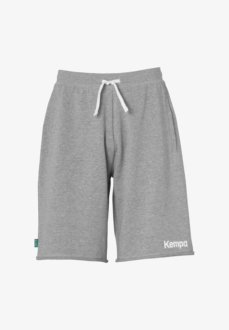 Grijze shorts van zacht materiaal met een elastische tailleband en een witte trekkoord. Bevat zijzakken en een wit logo op de onderkant van het been.
