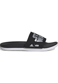 Svarta slidesandaler med en silverfärgad "Star Wars"-logotyp, syntetiskt ovandel, vit sula och texturerad fotbädd för grepp och komfort.