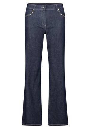 Dark blue flared jeans made of denim, featuring a button closure, two front pockets with decorative stitching, and gold-tone accents.