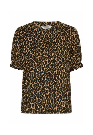 Blouse à manches courtes en imprimé léopard marron et noir, avec un col rond et des manches froncées, fabriquée en tissu doux et texturé.