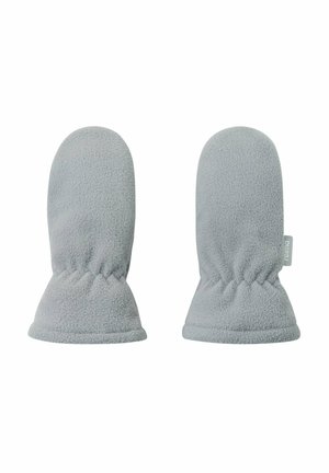 Graue Fleece-Handschuhe mit abgerundetem Oberteil, elastischem Handgelenk und weicher Textur. Enthält ein kleines Stoffetikett auf einer Seite.