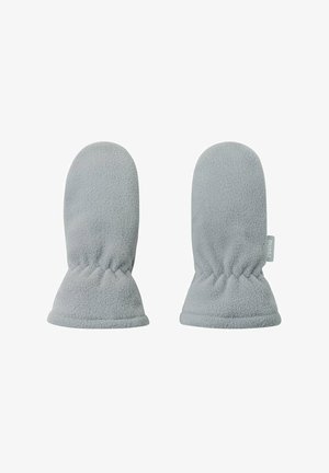 Graue Fleece-Handschuhe mit abgerundetem Oberteil, elastischem Handgelenk und weicher Textur. Enthält ein kleines Stoffetikett auf einer Seite.