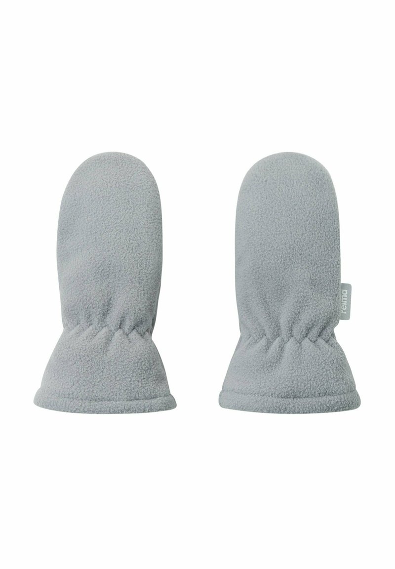 Muffole grigie in fleece con una parte superiore arrotondata, polsini elasticizzati e una texture morbida. Comprendono un piccolo etichetta di tessuto su un lato.