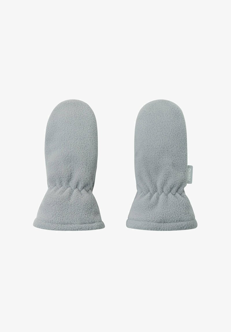 Graue Fleece-Handschuhe mit abgerundetem Oberteil, elastischem Handgelenk und weicher Textur. Enthält ein kleines Stoffetikett auf einer Seite.