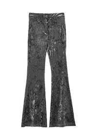 Pantaloni a zampa d'elefante in velluto grigio scuro. Presentano una texture liscia, chiusura con bottone e quattro tasche. Le gambe a zampa si allargano dal ginocchio in giù.