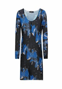 Langärmliges schwarzes Kleid mit Rundhalsausschnitt, das ein blaues und cremefarbenes abstraktes Muster über vertikalen Streifen aufweist. Hergestellt aus strukturiertem Stoff.