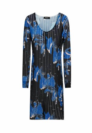 Vestito nero a maniche lunghe con scollo rotondo, caratterizzato da un motivo astratto blu e crema su righe verticali. Realizzato in tessuto strutturato.