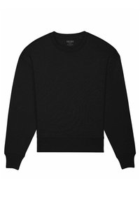 Schwarzer cropped Sweatshirt mit langen Ärmeln, runder Ausschnitt und gerippten Bündchen und Saum. Glatte Stoffoberfläche. Markenetikett innen sichtbar.