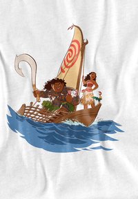 Cartoon of two characters in a wooden canoe with a colorful sail, set against blue waves, featuring tropical details and animals.