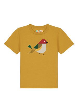 Mosterdgele T-shirt van katoen, met een gestileerde vogelafbeelding in rood, groen en crème. Korte mouwen en een ronde hals.