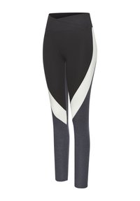 High-waisted leggings made of stretchy fabric, featuring a color block design in black, white, and dark gray. Smooth texture with a fitted shape.