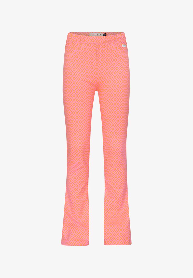 Różowe spodnie w wzory z motywem diamentów, z elastycznym pasem i szerokimi nogawkami. Wykonane z lekkiego, przewiewnego materiału.