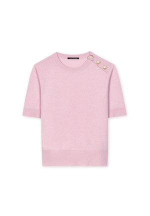 Helle rosa Kurzarmpullover aus weichem Strickstoff. Mit geripptem Saum und drei dekorativen goldenen Knöpfen an der linken Schulter.