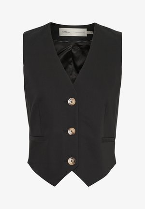 Czarny bezrękawnik z dekoltem w serek, trzema złotymi guzikami oraz przednimi kieszeniami. Wykonany z gładkiego materiału z satynowym podszyciem.
