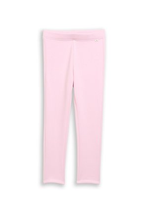 Hellrosa Leggings in voller Länge mit elastischem Bund, flach auf weißem Hintergrund liegend dargestellt.