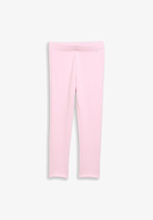 Hellrosa Leggings in voller Länge mit elastischem Bund, flach auf weißem Hintergrund liegend dargestellt.