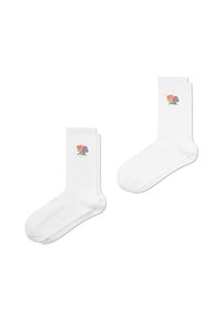 Weiße gerippte Socken mit einem kleinen floralen Design in Orange- und lila Akzenten an der Seite. Glatte Textur und standardmäßige Sockenform.