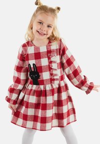 Punainen ja valkoinen ruudullinen mekko, jossa on pitkät hihat, röyhelöetuli, ja musta pupu-applikaatio rinnassa. Pehmeä, teksturoidu kangas.