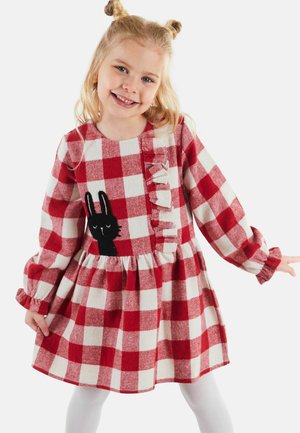 Rot-weiß kariertes Kleid mit langen Ärmeln, geraffter Vorderseite und einer schwarzen Hasenapplikation auf der Brust. Weicher, strukturierter Stoff.