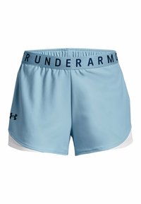 Ljust blå sportshorts med en bred marinblå midjeband som har texten "UNDER ARMOUR" och en vit innerfoder. Mjukt, andningsbart material.