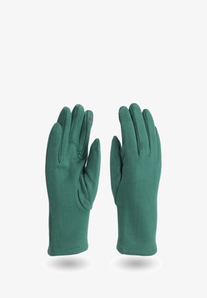 Guanti in pile verdi con una texture morbida, forma tridimensionale e vestibilità aderente. Presentano cuciture minime e una finitura liscia.