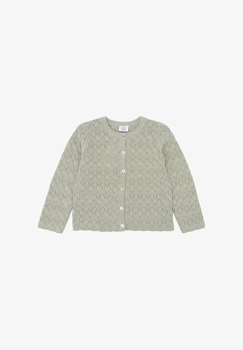 Strickjacke in gedämpftem Grün mit einem Blattmuster, runder Halsauschnitt, langen Ärmeln und fünf Knopfverschlüssen vorne.